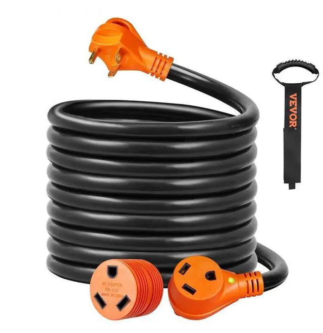 Main image of VEVOR 25 ft RV Extension Cord, 30 Amp, Heavy Duty STW RV Power Cord, NEMA TT-30R Female NEMA TT-30P Male Plug, with LED Indicator Handle 15A Adapter, for RVs, trams, generators, campers, ETL Listed