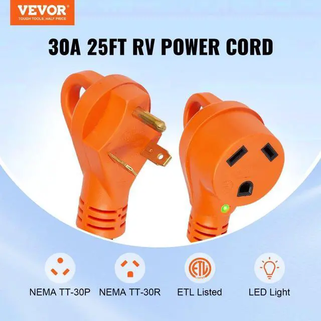 Alt view image 2 of 14 - VEVOR 25 ft RV Extension Cord, 30 Amp, Heavy Duty STW RV Power Cord, NEMA TT-30R Female NEMA TT-30P Male Plug, with LED Indicator Handle 15A Adapter, for RVs, trams, generators, campers, ETL Listed