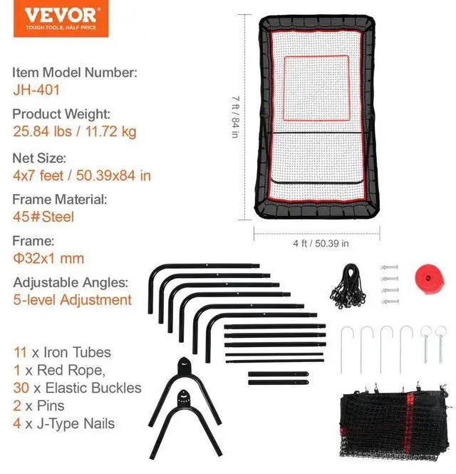 Alt view image 7 of 7 - VEVOR Lacrosse Rebounder for Backyard, 4x7 Ft Volleyball Bounce Back Net, Pitchback Throwback Baseball Softball Return Training Screen, Adjustable Angle Shooting Practice Training Wall with Target