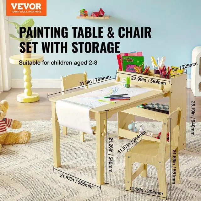 Alt view image 2 of 14 - VEVOR Kids Art Table and 2 Chairs, 2-in-1 Toddler Craft and Play Activity Table, Wood Toddler Table and Chair Set with A Cabinet for Art, Craft, Reading, Learning