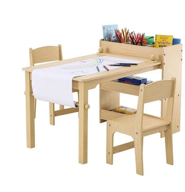 Main image of VEVOR Kids Art Table and 2 Chairs, 2-in-1 Toddler Craft and Play Activity Table, Wood Toddler Table and Chair Set with A Cabinet for Art, Craft, Reading, Learning
