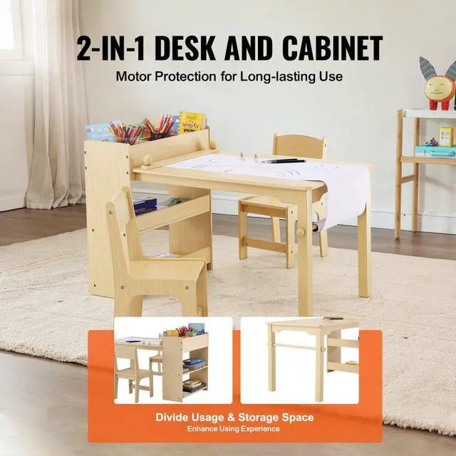 Alt view image 3 of 14 - VEVOR Kids Art Table and 2 Chairs, 2-in-1 Toddler Craft and Play Activity Table, Wood Toddler Table and Chair Set with A Cabinet for Art, Craft, Reading, Learning