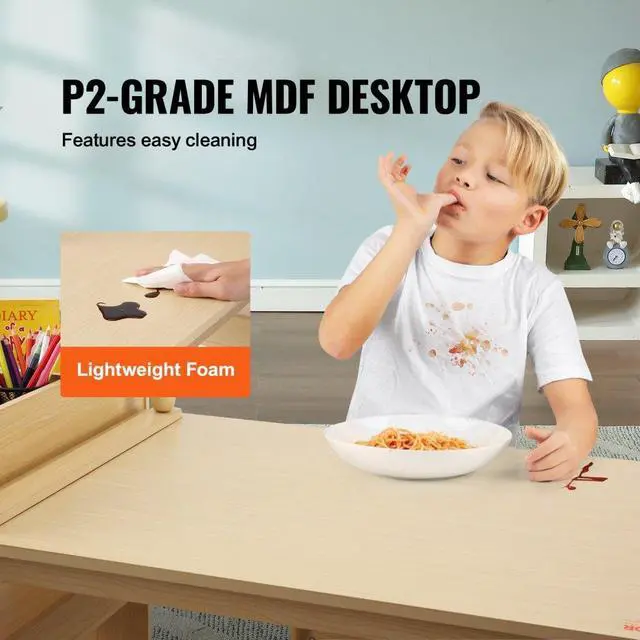 Alt view image 4 of 14 - VEVOR Kids Art Table and 2 Chairs, 2-in-1 Toddler Craft and Play Activity Table, Wood Toddler Table and Chair Set with A Cabinet for Art, Craft, Reading, Learning