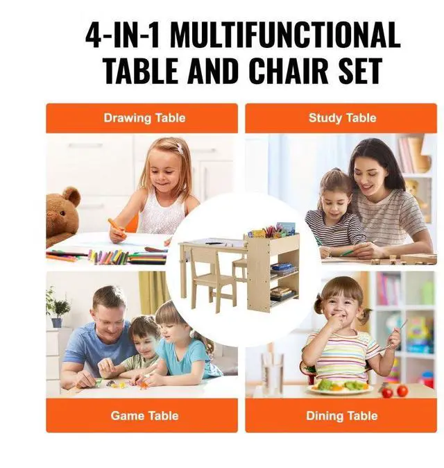Alt view image 6 of 14 - VEVOR Kids Art Table and 2 Chairs, 2-in-1 Toddler Craft and Play Activity Table, Wood Toddler Table and Chair Set with A Cabinet for Art, Craft, Reading, Learning