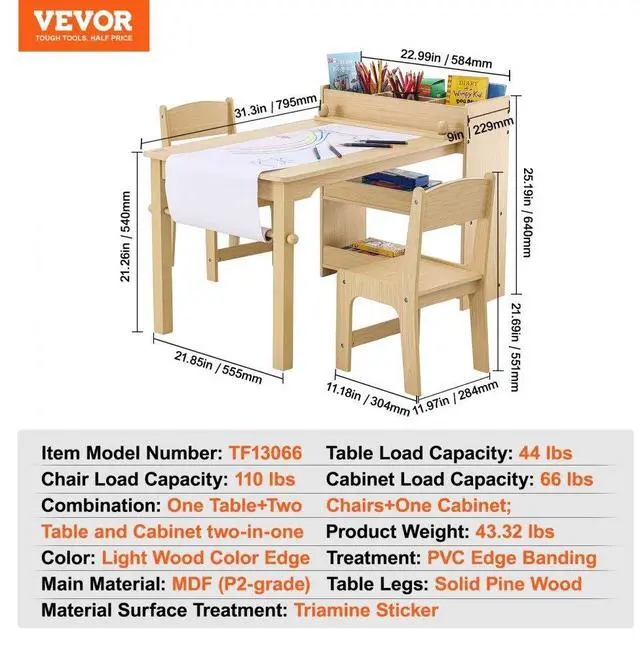 Alt view image 7 of 14 - VEVOR Kids Art Table and 2 Chairs, 2-in-1 Toddler Craft and Play Activity Table, Wood Toddler Table and Chair Set with A Cabinet for Art, Craft, Reading, Learning