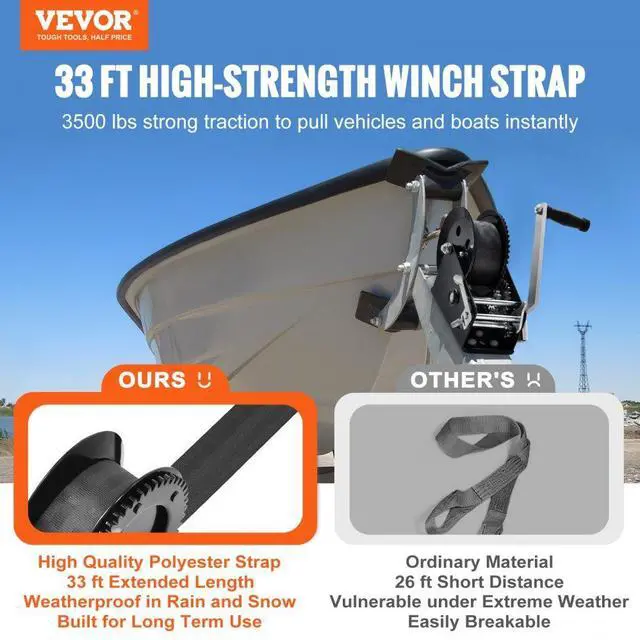 Alt view image 2 of 7 - VEVOR Hand Winch, 3500 lbs Pulling Capacity, Boat Trailer Winch Heavy Duty Rope Crank with 33 ft Polyester Strap and Two-Way Ratchet, Manual Operated Hand Crank Winch for Trailer, Boat or ATV Towing