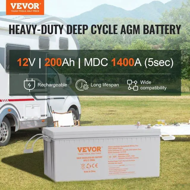 Alt view image 2 of 7 - VEVOR Deep Cycle Battery, 12V 200 AH, AGM Marine Rechargeable Battery, High Self-Discharge Rate 1400A Current, for RV Solar Marine Off-Grid Applications UPS Backup Power System, Tested to UL Standards