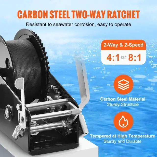 Alt view image 3 of 7 - VEVOR Hand Winch, 3500 lbs Pulling Capacity, Boat Trailer Winch Heavy Duty Rope Crank with 33 ft Polyester Strap and Two-Way Ratchet, Manual Operated Hand Crank Winch for Trailer, Boat or ATV Towing