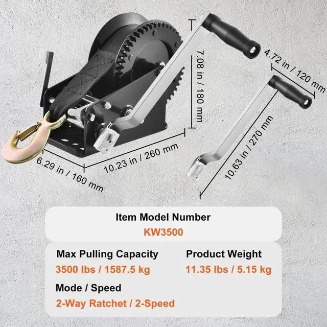 Alt view image 7 of 7 - VEVOR Hand Winch, 3500 lbs Pulling Capacity, Boat Trailer Winch Heavy Duty Rope Crank with 33 ft Polyester Strap and Two-Way Ratchet, Manual Operated Hand Crank Winch for Trailer, Boat or ATV Towing
