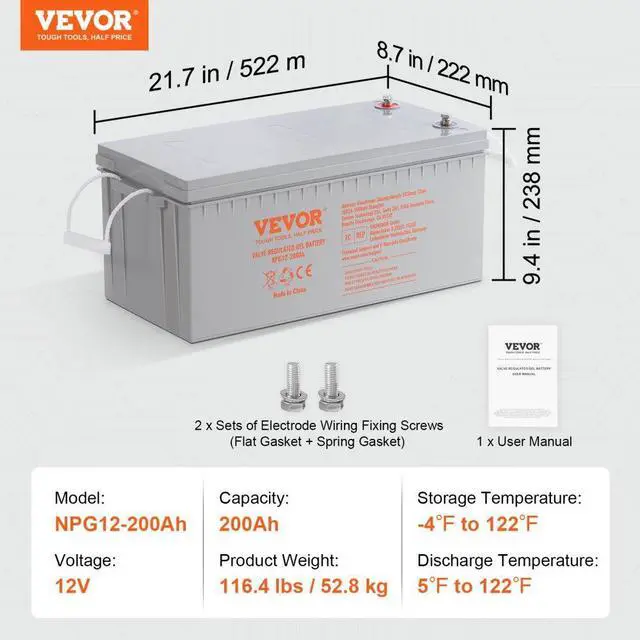 Alt view image 7 of 7 - VEVOR Deep Cycle Battery, 12V 200 AH, AGM Marine Rechargeable Battery, High Self-Discharge Rate 1400A Current, for RV Solar Marine Off-Grid Applications UPS Backup Power System, Tested to UL Standards