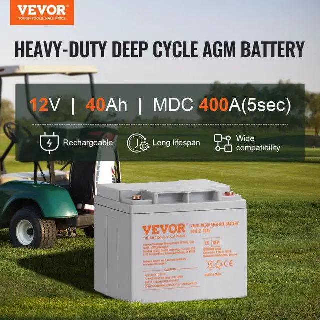 Alt view image 2 of 7 - VEVOR Deep Cycle Battery, 12V 40AH, AGM Marine Rechargeable Battery, High Self-Discharge Rate 400A Discharge Current for Mobility Scooters Electric Wheelchairs Go-Karts e-Bikes, Tested to UL Standards