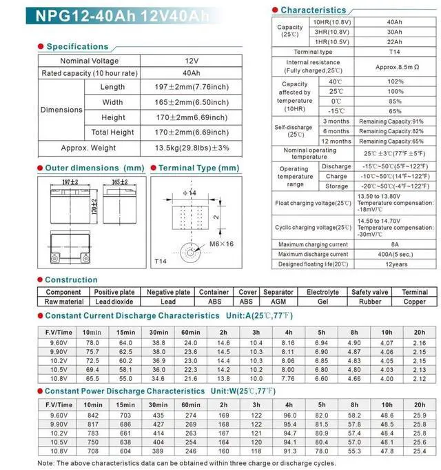 Alt view image 5 of 7 - VEVOR Deep Cycle Battery, 12V 40AH, AGM Marine Rechargeable Battery, High Self-Discharge Rate 400A Discharge Current for Mobility Scooters Electric Wheelchairs Go-Karts e-Bikes, Tested to UL Standards