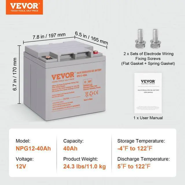 Alt view image 7 of 7 - VEVOR Deep Cycle Battery, 12V 40AH, AGM Marine Rechargeable Battery, High Self-Discharge Rate 400A Discharge Current for Mobility Scooters Electric Wheelchairs Go-Karts e-Bikes, Tested to UL Standards