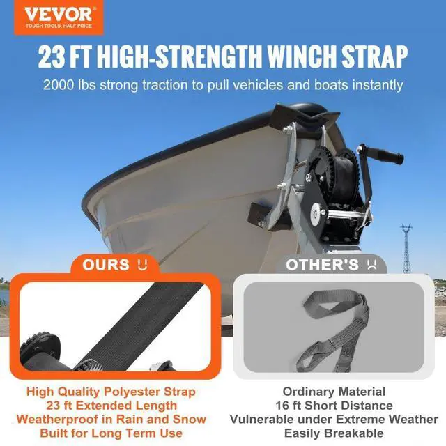 Alt view image 2 of 7 - VEVOR Hand Winch, 2000 lbs Pulling Capacity, Boat Trailer Winch Heavy Duty Rope Crank with 23 ft Polyester Strap and Two-Way Ratchet, Manual Operated Hand Crank Winch for Trailer, Boat or ATV Towing