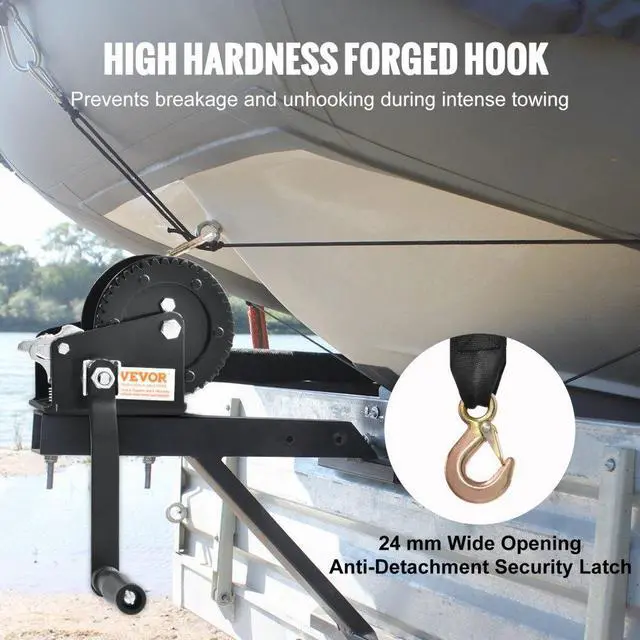 Alt view image 4 of 7 - VEVOR Hand Winch, 2000 lbs Pulling Capacity, Boat Trailer Winch Heavy Duty Rope Crank with 23 ft Polyester Strap and Two-Way Ratchet, Manual Operated Hand Crank Winch for Trailer, Boat or ATV Towing