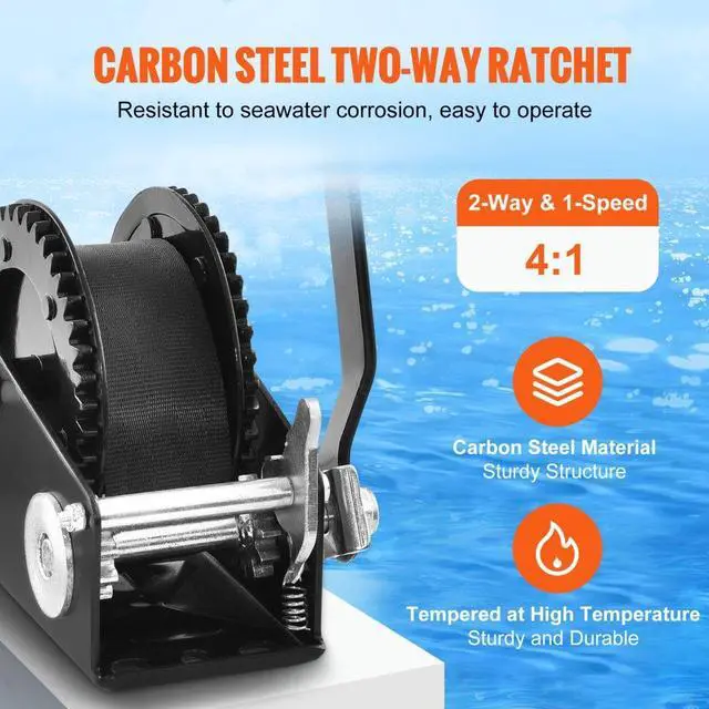 Alt view image 3 of 7 - VEVOR Hand Winch, 2000 lbs Pulling Capacity, Boat Trailer Winch Heavy Duty Rope Crank with 23 ft Polyester Strap and Two-Way Ratchet, Manual Operated Hand Crank Winch for Trailer, Boat or ATV Towing