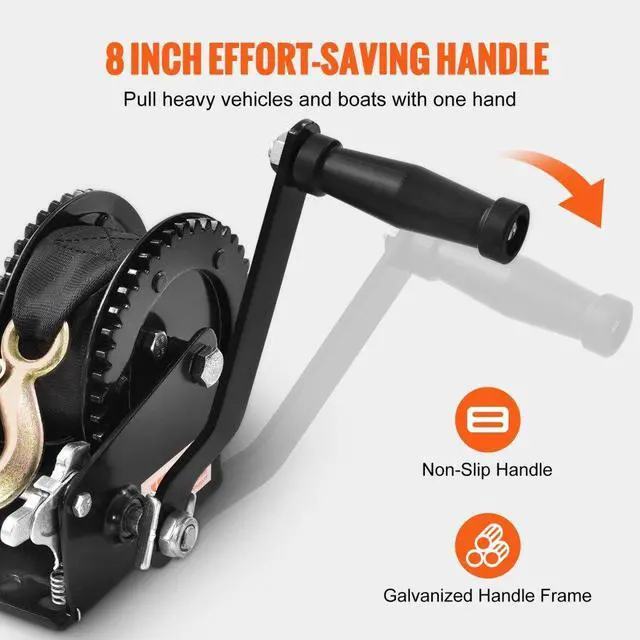 Alt view image 5 of 7 - VEVOR Hand Winch, 2000 lbs Pulling Capacity, Boat Trailer Winch Heavy Duty Rope Crank with 23 ft Polyester Strap and Two-Way Ratchet, Manual Operated Hand Crank Winch for Trailer, Boat or ATV Towing