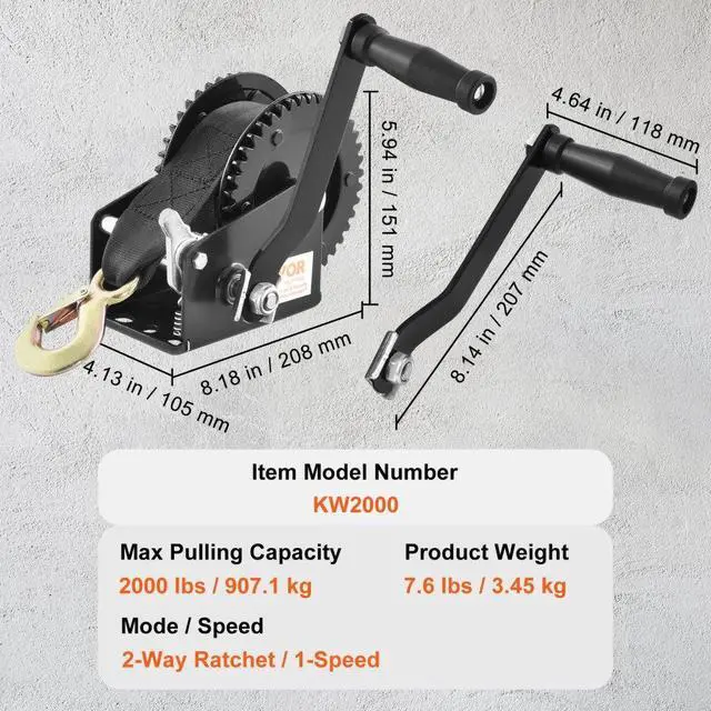 Alt view image 7 of 7 - VEVOR Hand Winch, 2000 lbs Pulling Capacity, Boat Trailer Winch Heavy Duty Rope Crank with 23 ft Polyester Strap and Two-Way Ratchet, Manual Operated Hand Crank Winch for Trailer, Boat or ATV Towing