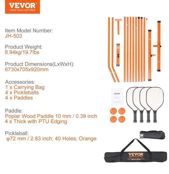 Alt view image 7 of 7 - VEVOR Pickleball Net Set, 22FT Regulation Size Portable Pickleball System with Carrying Bag & Balls & Paddles, Weather Resistant Steady Metal Frame & Strong PE Net, for Outdoor Backyard Driveway