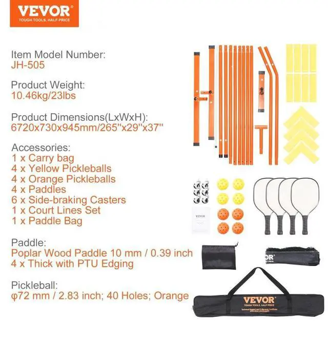 Alt view image 7 of 7 - VEVOR Pickleball Net Set, 22FT Regulation Size Portable Pickleball System with Bags, Balls, Paddles, Wheels, and Court Lines, Weather Resistant Metal Frame & PE Net, for Outdoor Backyard Driveway