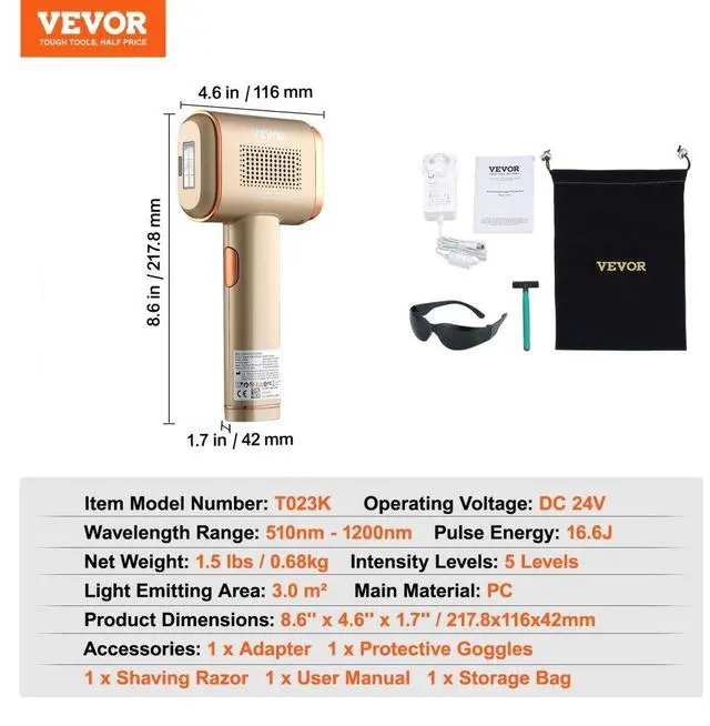 Alt view image 7 of 7 - VEVOR IPL Hair Removal, Permanent Hair Removal with Sapphire Ice Cooling System, Painless At-Home Hair Removal Device for Women Men, Auto/Manual Modes, 5 Levels for Body & Face