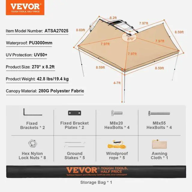 Alt view image 7 of 7 - VEVOR Vehicle Awning 270 Degree, 8.2' Height Retractable Car Side Awning, PU3000mm UV50+ Car Awning with Waterproof Storage Bag, Suitable for Truck, SUV, Van, Campers