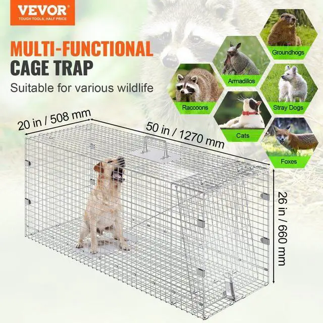 Alt view image 2 of 7 - VEVOR Live Animal Cage Trap, 50" x 20" x 26" Humane Cat Trap Galvanized Iron, Folding Animal Trap with Handle for Stray Dogs, Armadillos, Raccoons, Marmots, Foxes