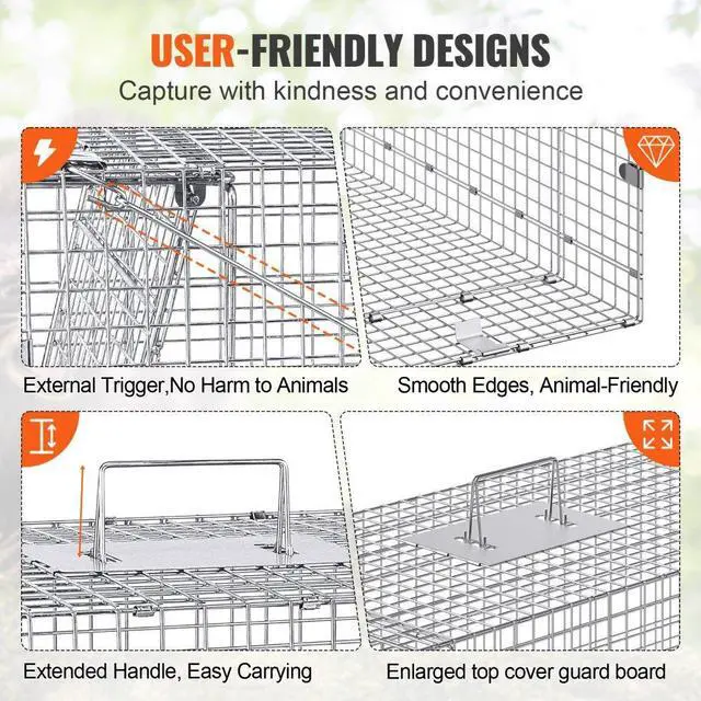 Alt view image 3 of 7 - VEVOR Live Animal Cage Trap, 50" x 20" x 26" Humane Cat Trap Galvanized Iron, Folding Animal Trap with Handle for Stray Dogs, Armadillos, Raccoons, Marmots, Foxes