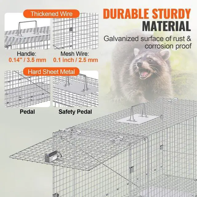 Alt view image 4 of 7 - VEVOR Live Animal Cage Trap, 50" x 20" x 26" Humane Cat Trap Galvanized Iron, Folding Animal Trap with Handle for Stray Dogs, Armadillos, Raccoons, Marmots, Foxes