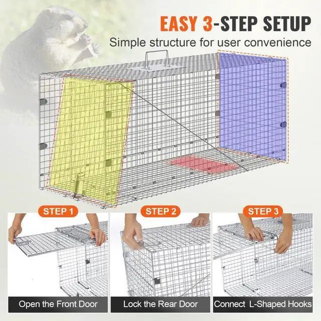 Alt view image 5 of 7 - VEVOR Live Animal Cage Trap, 50" x 20" x 26" Humane Cat Trap Galvanized Iron, Folding Animal Trap with Handle for Stray Dogs, Armadillos, Raccoons, Marmots, Foxes