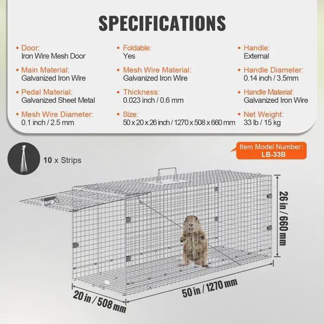 Alt view image 7 of 7 - VEVOR Live Animal Cage Trap, 50" x 20" x 26" Humane Cat Trap Galvanized Iron, Folding Animal Trap with Handle for Stray Dogs, Armadillos, Raccoons, Marmots, Foxes