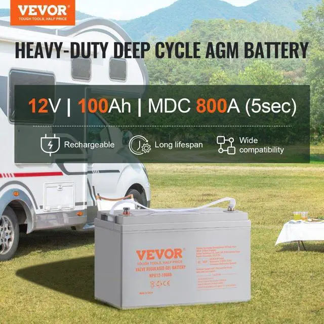 Alt view image 2 of 7 - VEVOR Deep Cycle Battery, 12V 100 AH, AGM Marine Rechargeable Battery, High Self-Discharge Rate 800A Current, for RV Solar Marine Off-Grid Applications UPS Backup Power System