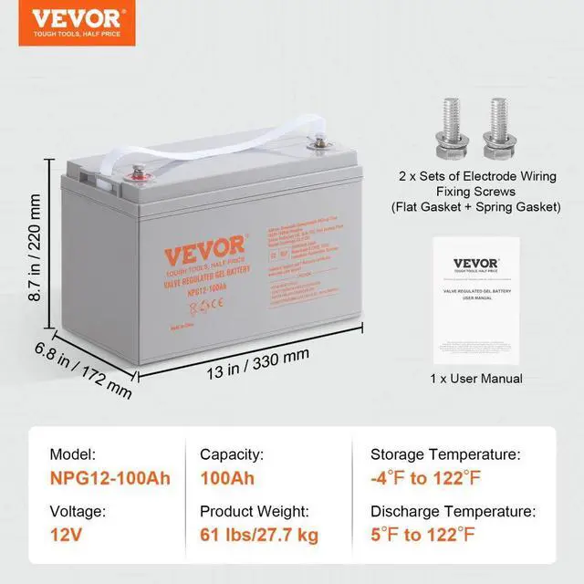 Alt view image 7 of 7 - VEVOR Deep Cycle Battery, 12V 100 AH, AGM Marine Rechargeable Battery, High Self-Discharge Rate 800A Current, for RV Solar Marine Off-Grid Applications UPS Backup Power System