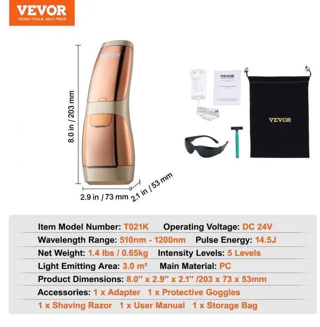 Alt view image 7 of 7 - VEVOR IPL Hair Removal, Permanent Hair Removal with Sapphire Ice Cooling System, Painless At-Home Hair Removal Device for Women Men, Auto/Manual Modes, 5 Levels for Body & Face