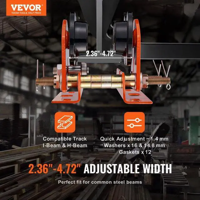 Alt view image 2 of 7 - VEVOR Electric Hoist Manual Trolley, 1100 lbs/0.5 Ton Capacity for PA200 PA250 PA300 PA400 PA500, Push Beam Trolley with Dual Wheels, 2.36"-4.72" Adjustable Flange Width for Straight Curved I Beam
