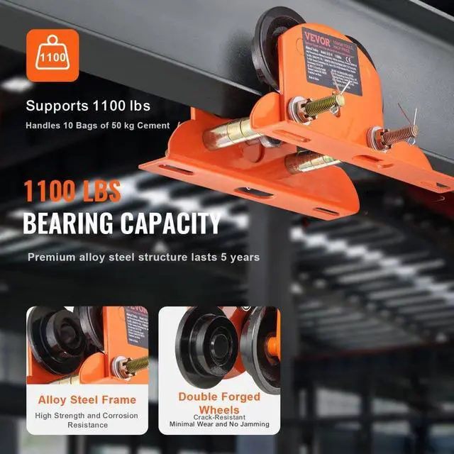 Alt view image 4 of 7 - VEVOR Electric Hoist Manual Trolley, 1100 lbs/0.5 Ton Capacity for PA200 PA250 PA300 PA400 PA500, Push Beam Trolley with Dual Wheels, 2.36"-4.72" Adjustable Flange Width for Straight Curved I Beam