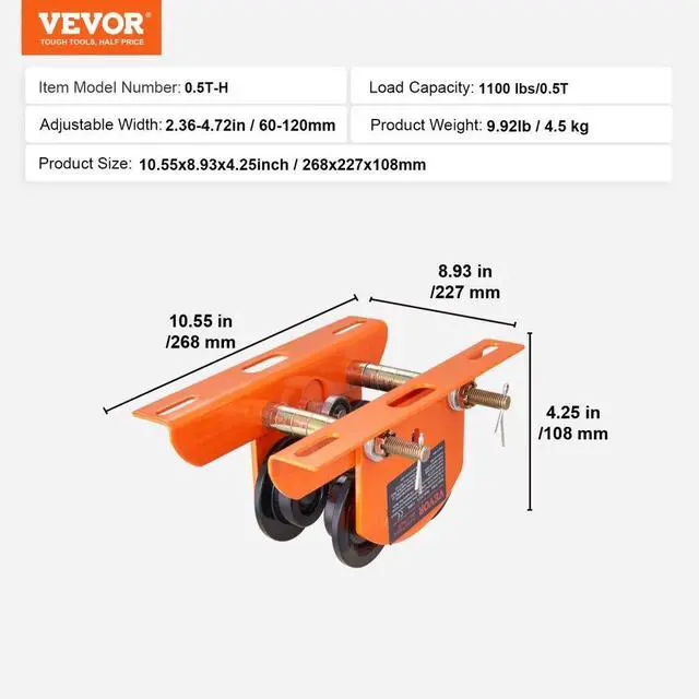 Alt view image 7 of 7 - VEVOR Electric Hoist Manual Trolley, 1100 lbs/0.5 Ton Capacity for PA200 PA250 PA300 PA400 PA500, Push Beam Trolley with Dual Wheels, 2.36"-4.72" Adjustable Flange Width for Straight Curved I Beam