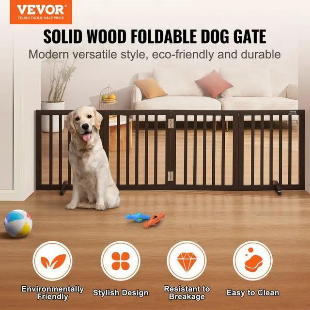 Alt view image 2 of 7 - VEVOR Free Standing Dog Gate, 24" H x 80.3" W Freestanding Pet Gate, 4 Panels Foldable Dog Gate for Wide and Narrow Passageways, Expandable Dog Barrier with Silent Foot Support for Indoor, Brown