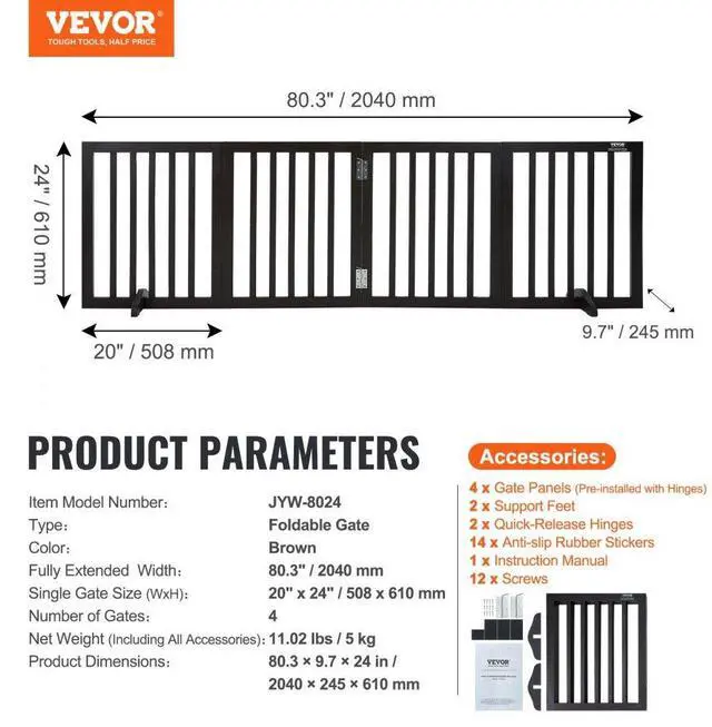 Alt view image 7 of 7 - VEVOR Free Standing Dog Gate, 24" H x 80.3" W Freestanding Pet Gate, 4 Panels Foldable Dog Gate for Wide and Narrow Passageways, Expandable Dog Barrier with Silent Foot Support for Indoor, Brown