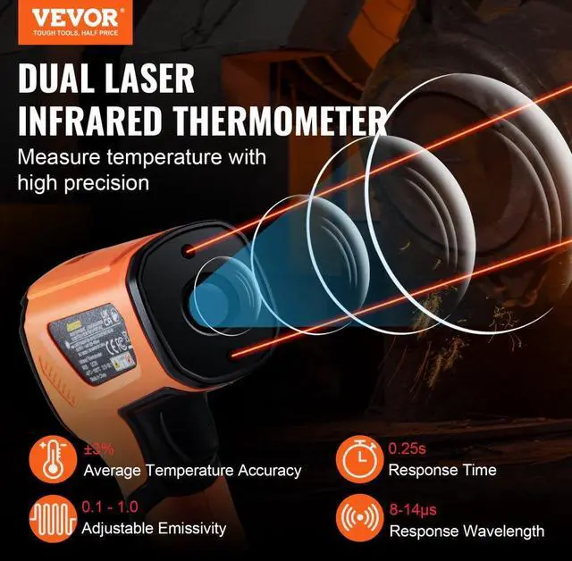 Alt view image 2 of 7 - VEVOR Infrared Thermometer, -40~2732°F Dual Laser Temperature Gun Non-Contact, Handheld IR Heat Temperature Gun with Adjustable Emissivity for Metal Smelting/Cooking/Pizza Oven/Engine(Not for Human)