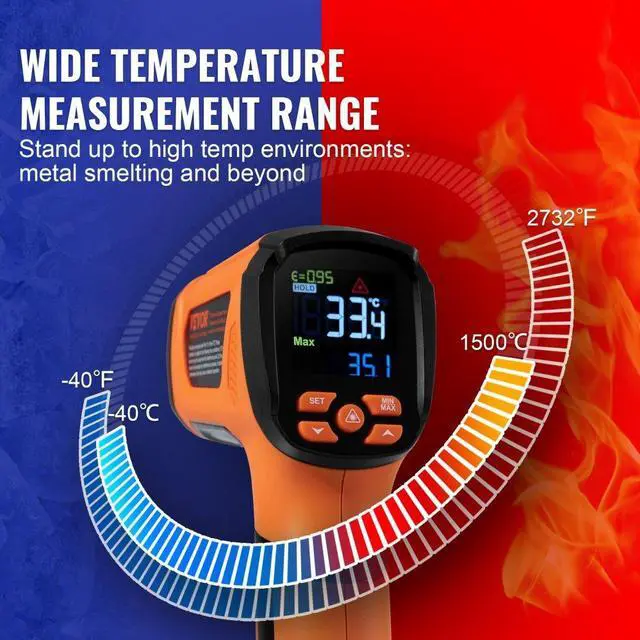 Alt view image 3 of 7 - VEVOR Infrared Thermometer, -40~2732°F Dual Laser Temperature Gun Non-Contact, Handheld IR Heat Temperature Gun with Adjustable Emissivity for Metal Smelting/Cooking/Pizza Oven/Engine(Not for Human)