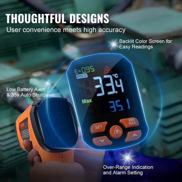 Alt view image 5 of 7 - VEVOR Infrared Thermometer, -40~2732°F Dual Laser Temperature Gun Non-Contact, Handheld IR Heat Temperature Gun with Adjustable Emissivity for Metal Smelting/Cooking/Pizza Oven/Engine(Not for Human)