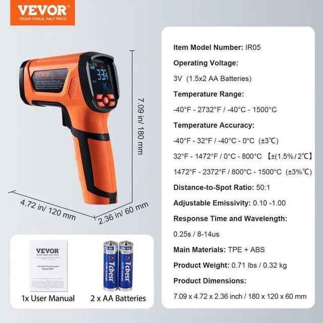 Alt view image 7 of 7 - VEVOR Infrared Thermometer, -40~2732°F Dual Laser Temperature Gun Non-Contact, Handheld IR Heat Temperature Gun with Adjustable Emissivity for Metal Smelting/Cooking/Pizza Oven/Engine(Not for Human)