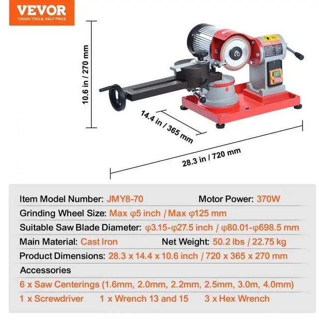 Alt view image 7 of 14 - VEVOR Circular Saw Blade Sharpener, 370W 3600RPM Rotary Angle Mill Grinder, Saw Blade Grinding Sharpening Machine with 6 Saw Centerings, 5-inch Grinding Wheel for Carbide Tipped Saw Blades
