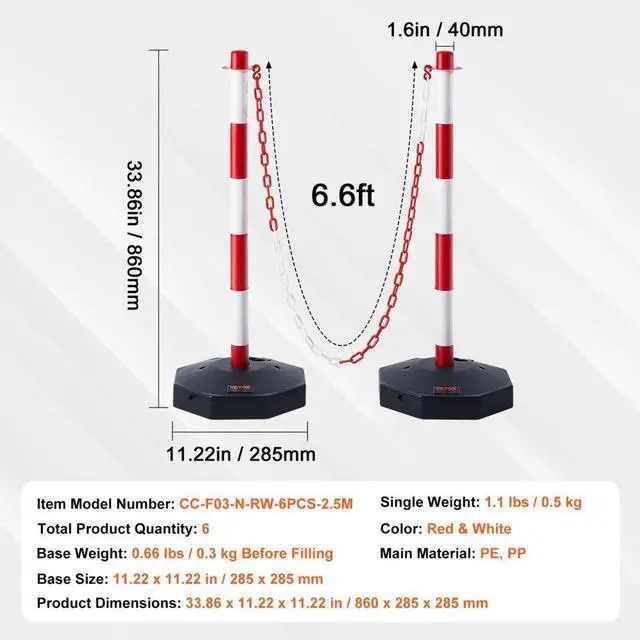 Alt view image 7 of 7 - VEVOR Adjustable Traffic Delineator Post Cones, 6 Pack, Traffic Safety Delineator Barrier with Fillable Base 6.6FT Chain, for Traffic Control Warning Parking Lot Construction Caution Roads, Red&White