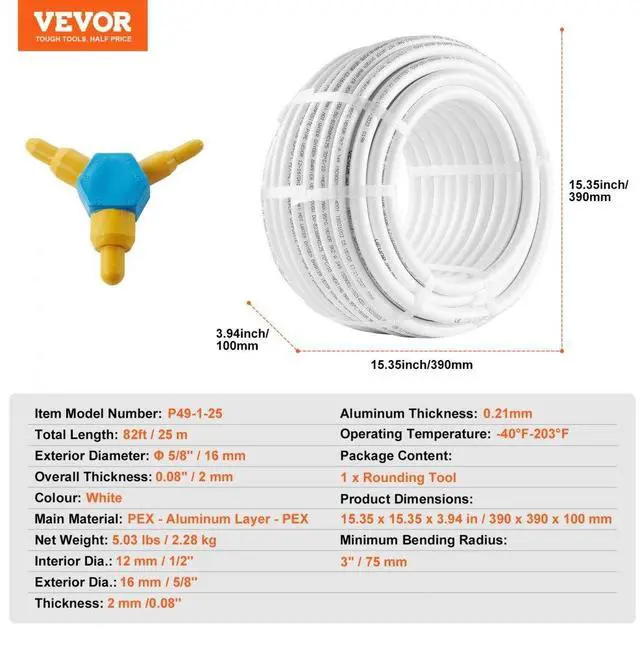 Alt view image 7 of 7 - VEVOR PEX-AL-PEX Tube, 82ft, 5/8'' Diameter Aluminum-Plastic Composite Pipe Oxygen Barrier Radiant Floor PEX Pipe, 0.08'' Thickness Radiant Heat Floor Plumbing 25M Inner Aluminum Layer PEX Tubing Pipe