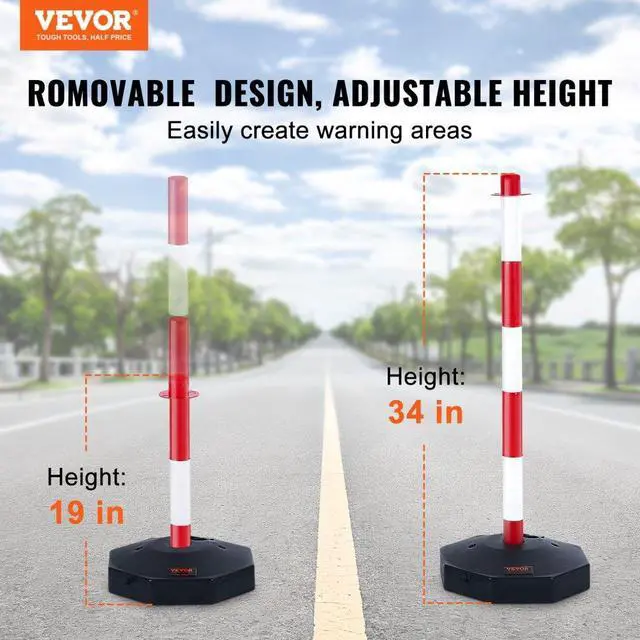 Alt view image 2 of 7 - VEVOR Adjustable Traffic Delineator Post Cones, 4 Pack, Traffic Safety Delineator Barrier with Fillable Base 8FT Chain, for Traffic Control Warning Parking Lot Construction Caution Roads, Red & White