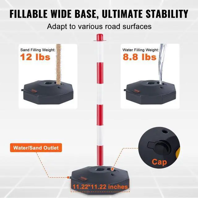 Alt view image 3 of 7 - VEVOR Adjustable Traffic Delineator Post Cones, 4 Pack, Traffic Safety Delineator Barrier with Fillable Base 8FT Chain, for Traffic Control Warning Parking Lot Construction Caution Roads, Red & White