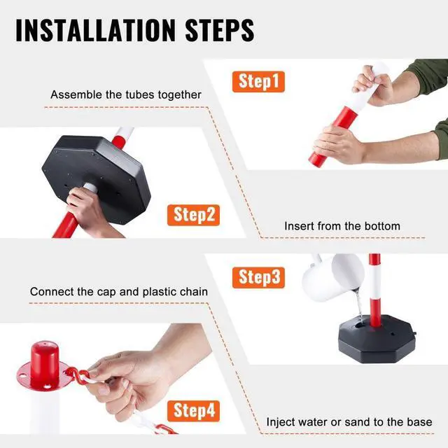 Alt view image 4 of 7 - VEVOR Adjustable Traffic Delineator Post Cones, 4 Pack, Traffic Safety Delineator Barrier with Fillable Base 8FT Chain, for Traffic Control Warning Parking Lot Construction Caution Roads, Red & White