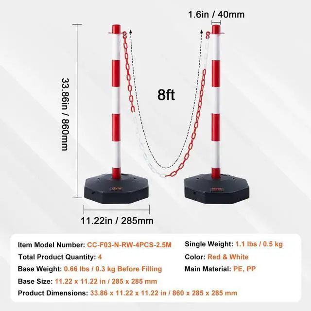 Alt view image 7 of 7 - VEVOR Adjustable Traffic Delineator Post Cones, 4 Pack, Traffic Safety Delineator Barrier with Fillable Base 8FT Chain, for Traffic Control Warning Parking Lot Construction Caution Roads, Red & White